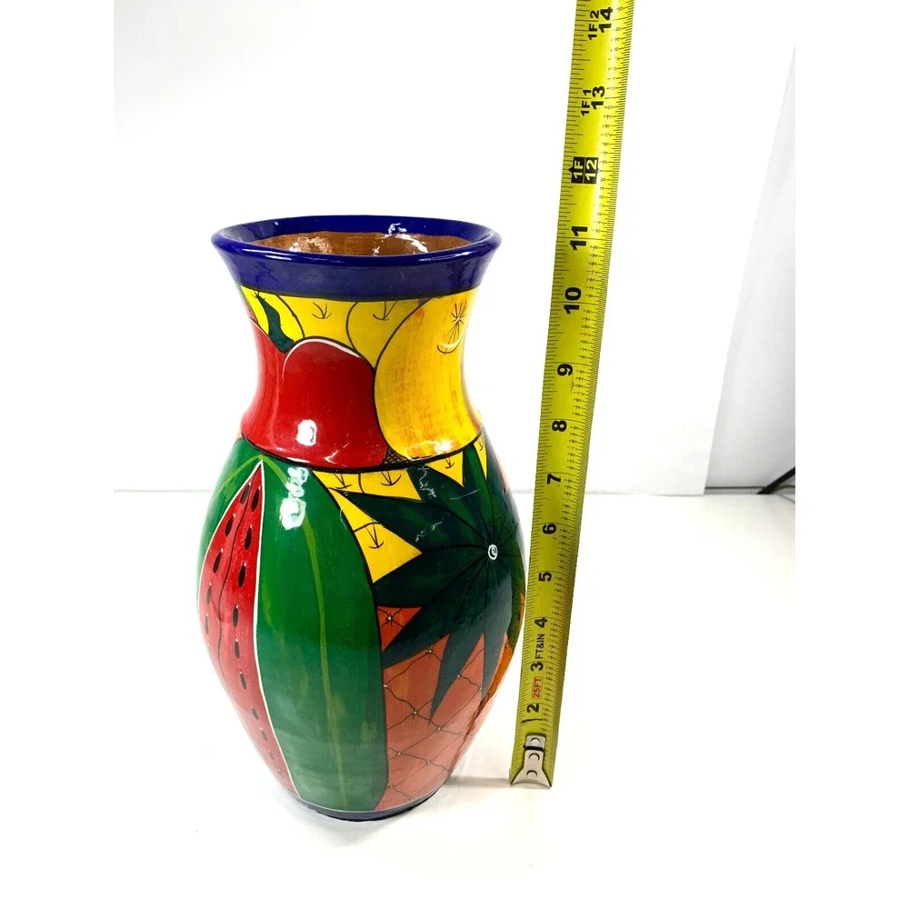 Hand Painted Mexican Pottery Vase  Folk Art Fruit Design Multi - Tropical Color‎